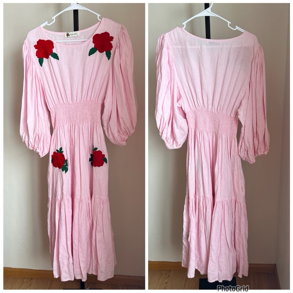 Fanm Mon Pink Long Sleeve Dress with Red Floral Accents